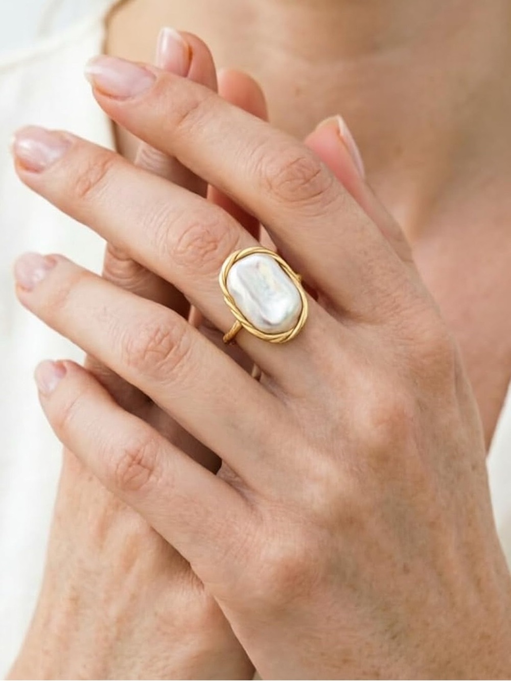 Handcrafted 14K Gold Plated Baroque Pearl Ring Adjustable - Picture 3 of 8